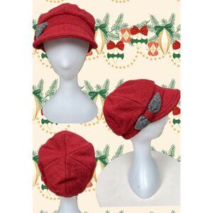 Cappellificio Bordoni Red Wool Blend Gray Accent Side Bow Elastic Newsboy Cap
